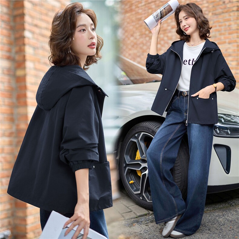 2025秋季韩版高级感连帽抽绳设计轻奢减龄百搭短款女式外套，女装风衣，难舍钰依