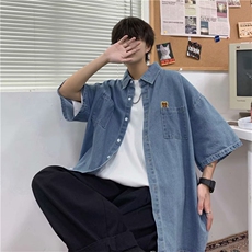 高街牛仔短袖衬衫男士夏季薄款韩版潮流复古百搭宽松痞帅衬衣外套，男装衬衫，星座601-2