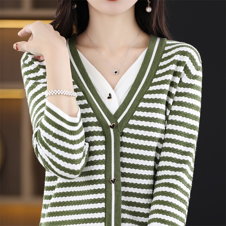 2024秋季新款假两件条纹开衫女优雅简约时尚百搭，女装针织衫/毛衣，千御纺羊绒