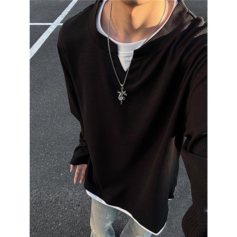 华夫格长袖T恤男秋季假两件休闲打底衫美式复古卫衣TW61-P33,男装T恤,星座208-5
