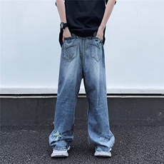 破洞水洗复古牛仔裤男美式阔腿宽松高街牛仔裤1001-1-XN807-P58，男装牛仔裤，星座1001-1