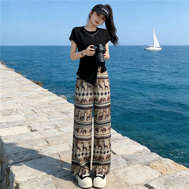 小个子时尚减龄套装显瘦圆领不规则短袖上衣松紧腰直筒长裤两件套,女装套装/套裙,江南