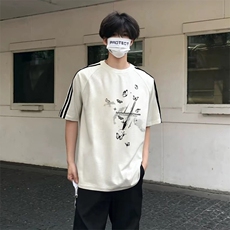 抖音得物高品质二开240克宽松纯棉美式潮牌三条杠织带短袖T恤，男装T恤，电商A486-1