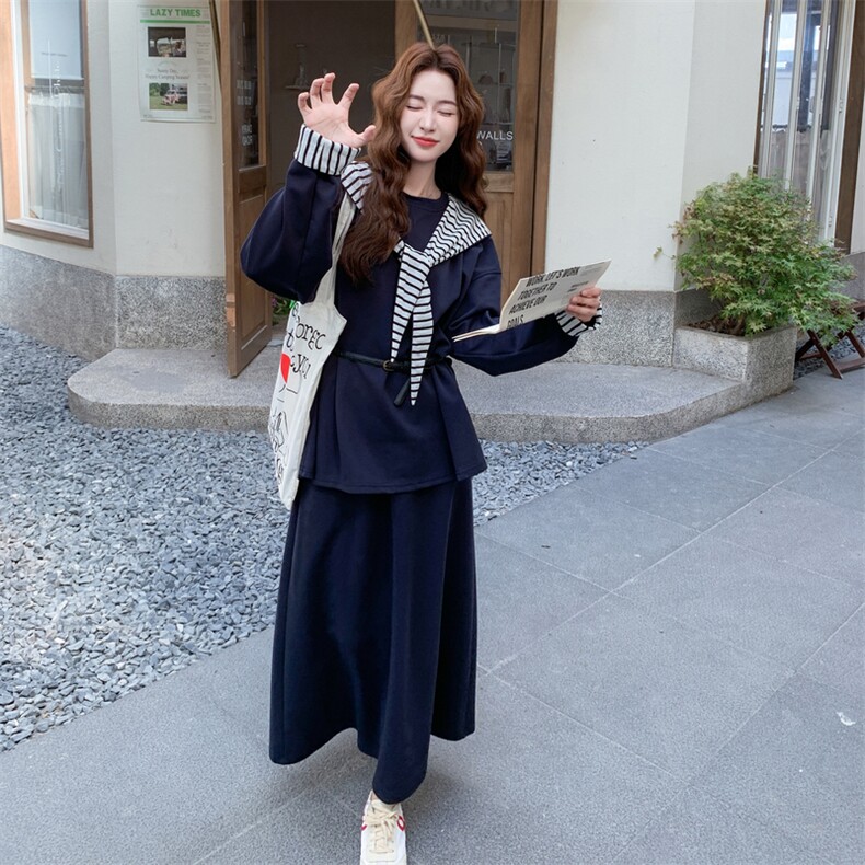 藏青色慵懒风连帽披肩卫衣套装裙女秋季2026新款休闲半身裙两件套,女装套装/套裙,2C159