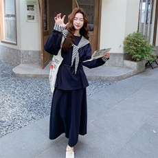 藏青色慵懒风连帽披肩卫衣套装裙女秋季2026新款休闲半身裙两件套，女装套装/套裙，2C159
