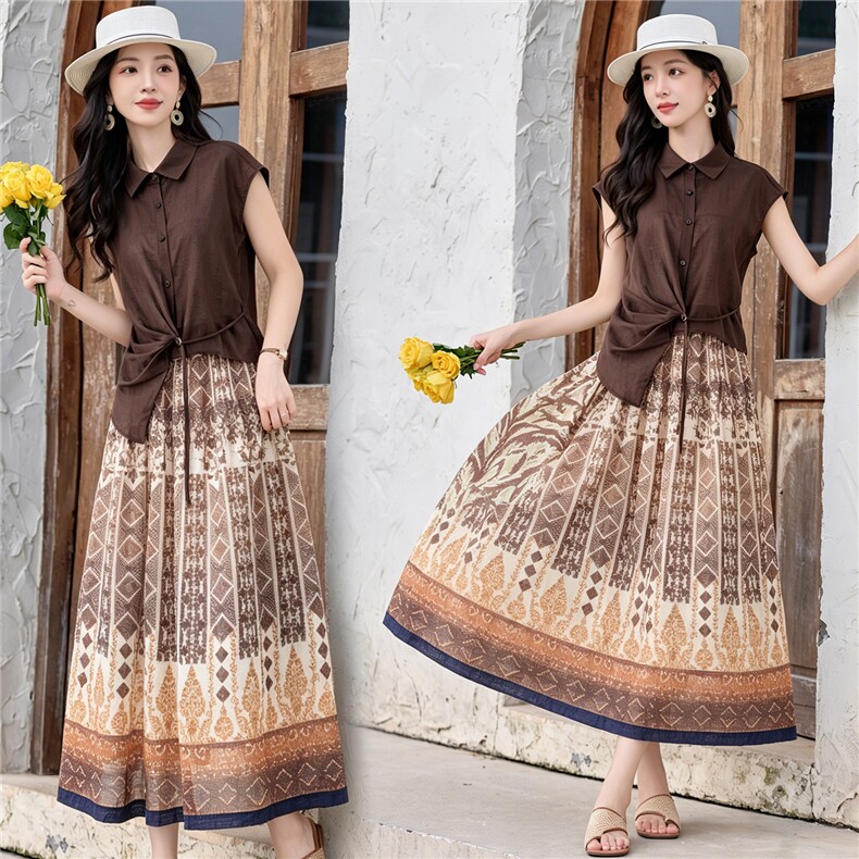 2026夏季新款套装苎麻短袖＋天丝麻定位花半裙，时尚年轻飘逸大方，女装套装/套裙，欧米莱