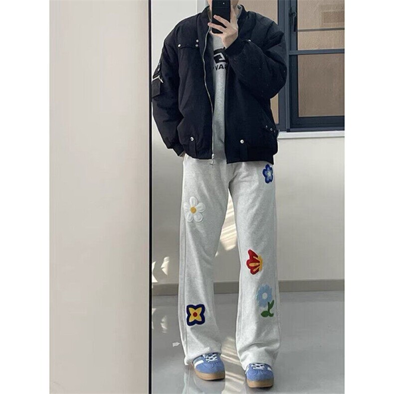 花卉刺绣重磅卫裤男款春秋美式复古垂感直筒宽松休闲运动裤XK88,男装休闲裤,星座1116A（原606A-3）