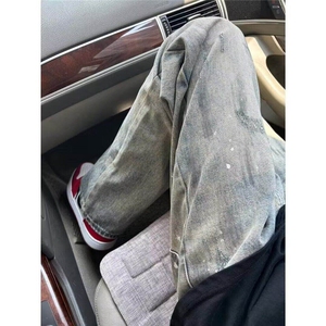 美式高街泼墨牛仔裤春夏季复古水洗做旧潮牌百搭直筒裤L91299-P48图片