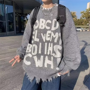 美式高街破坏感毛衣男秋冬季慵懒风高级感潮牌针织衫外套SWX03图片