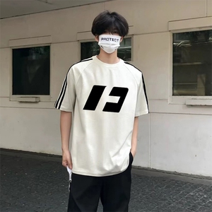 抖音得物高品质二开240克宽松纯棉美式潮牌三条杠织带短袖T恤图片