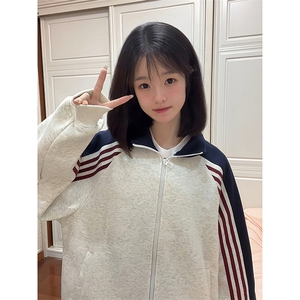 抖音得物高品质 美式高街重磅结构织带拼接撞色立领卫衣外套 CM41图片