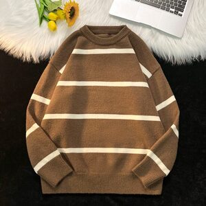 韩系慵懒风条纹毛衣男士秋冬季美式潮牌软糯毛针织衫外套M03/P52图片