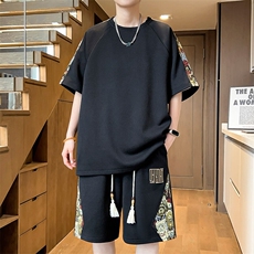 刺绣拼接两件套T恤潮夏季落肩袖休闲运动套装男A266-TZ9958-P50，男装T恤，电商A266