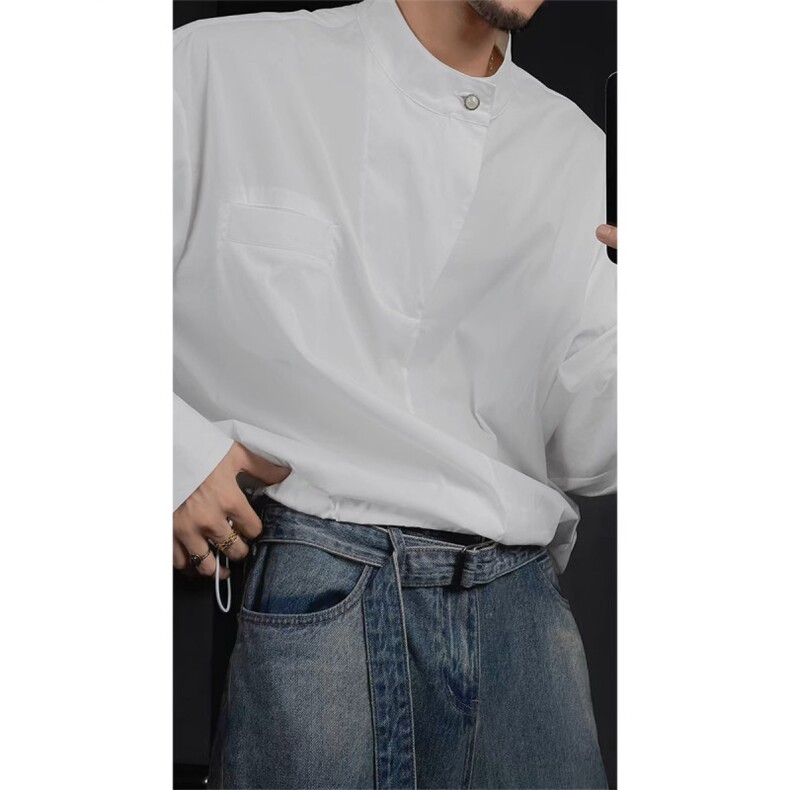 网图慎用！龙叨叨简约立领中性宽松长袖衬衫L02/P65图片
