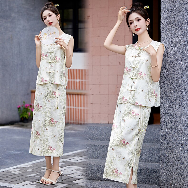 2024新款G风提花印花马甲背心半身裙套装两件套女夏季,女装套装/套裙,仟媚宠