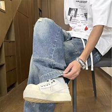 新款牛仔裤男美式复古水洗渐变男款阔腿裤痞帅直筒裤子N9810-P45，男装牛仔裤，星座208-5