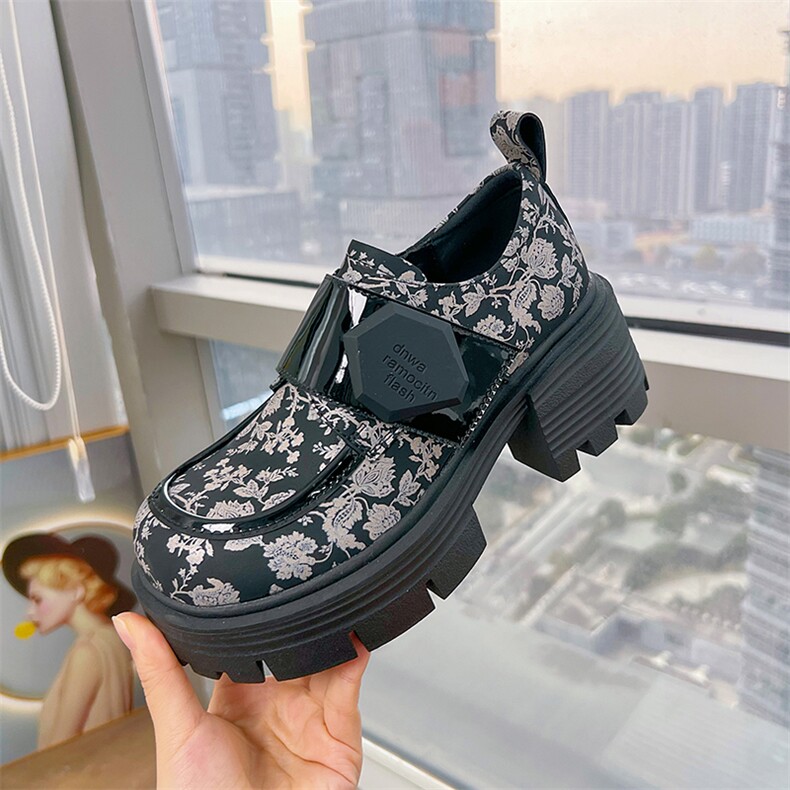 花布乐福鞋2024春季新款休闲百搭玛丽珍粗跟小皮鞋真皮单鞋，女鞋小皮鞋，电商A223