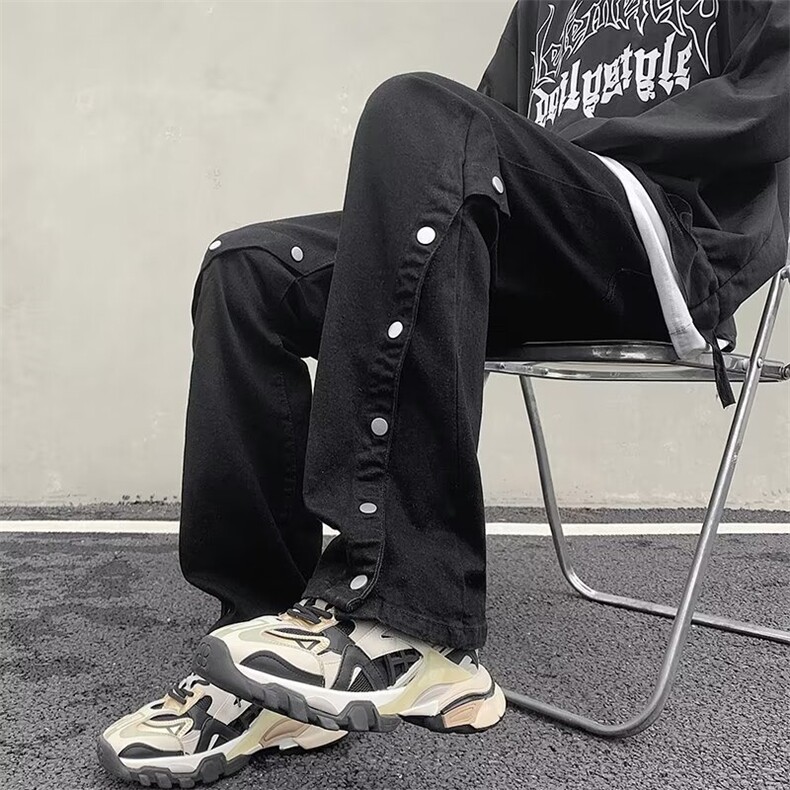 裤脚竖排扣开衩裤子多口袋拉链设计工装裤宽松直筒裤N663,男装工装外套,星座1116A-1（原606A）