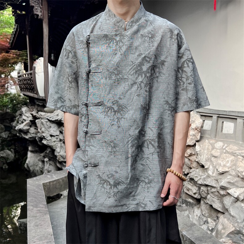 2025新款！棉麻现货斜门襟风复古汉服盘扣立领短袖衬衫CS35-P65图片