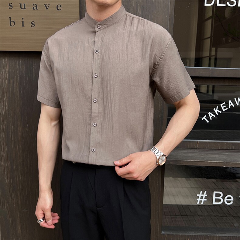 夏季男士七分袖条纹衬衫立领男休闲修身休闲衬衣A236-C663-P55,男装衬衫,电商A236