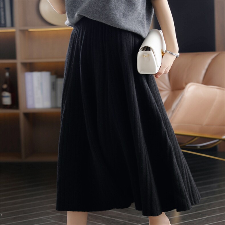 羊毛百褶裙半身裙女中长款过膝大摆伞裙高腰打底羊绒A字裙，女装半身裙，君贝羊绒