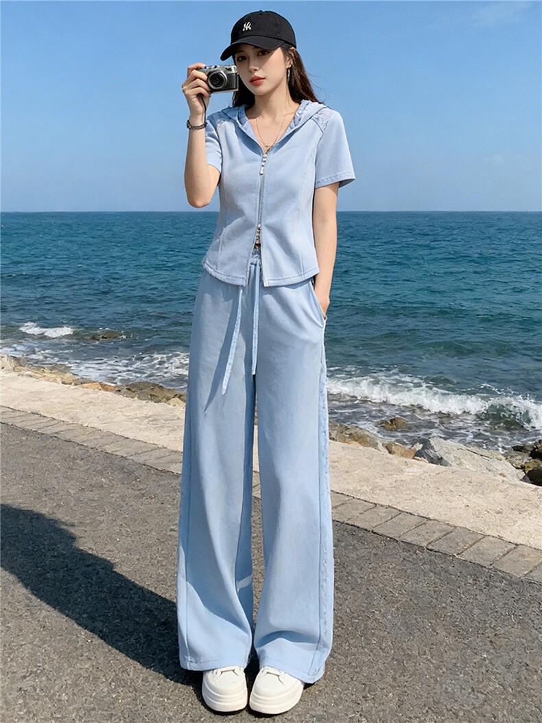 女夏季高级感休闲运动套装蕾丝连帽拉链开衫短袖卫衣阔腿裤两件套,女装套装/套裙,江南