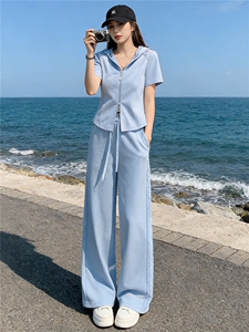 女夏季高级感休闲运动套装蕾丝连帽拉链开衫短袖卫衣阔腿裤两件套图片