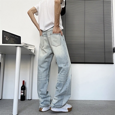 水洗浅色牛仔裤男春夏季美式潮牌复古磨破宽松休闲阔腿裤，男装牛仔裤，星座410-6（原星座1304-1）