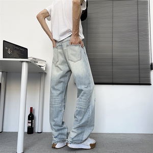 水洗浅色牛仔裤男春夏季美式潮牌复古磨破宽松休闲阔腿裤图片
