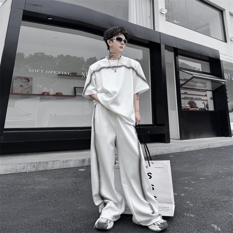 1506-1/TJ1701/P75撞色手绘线条短袖休闲阔腿长裤套装二件套，男装T恤，星座1506-1