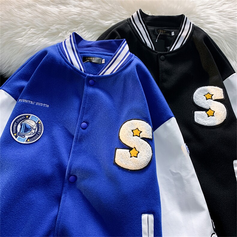 新款2022美式克莱因蓝棒球服春秋情侣毛巾绣外套夹克潮W2691-P65,男装夹克,星座512-2
