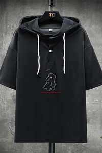 LD54140-P45 连帽短袖t恤男大码胖子带帽五分袖中袖 展架图片