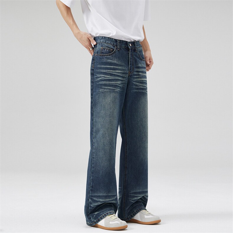 2025春夏新款美式复古水波纹AC家牛仔裤男直筒微喇叭A字水洗长裤，男装牛仔裤，星座301D-3
