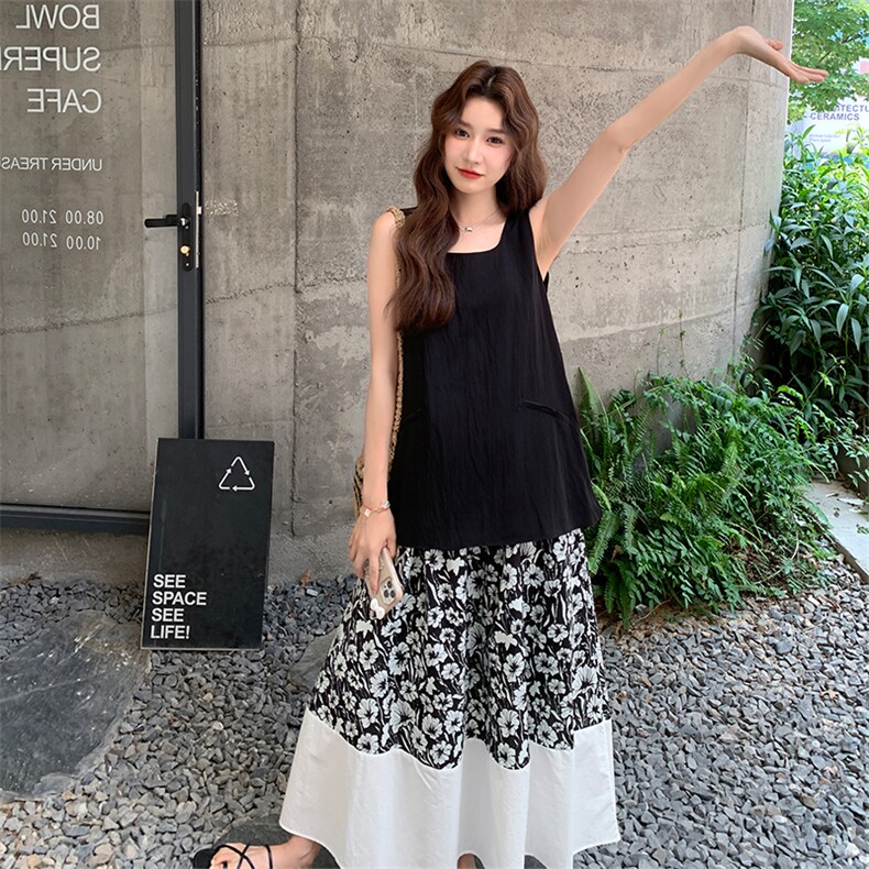 黑色高级感背心碎花裙套装2025新款女夏季小个子背心半身裙两件套图片