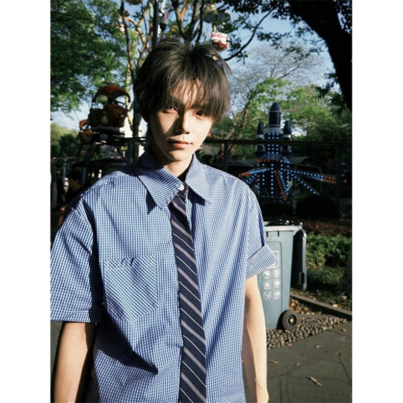 格纹假领带衬衫男女夏季短袖衬衣学院风情侣小众设计外套 C2270图片