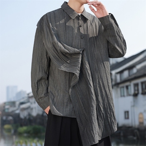 2025春季新款男装新中式拼接飘带棉麻衬衫三穿亚麻衬衣 C168-P85图片