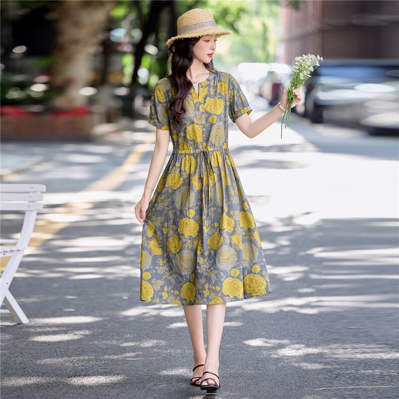 气质玫瑰印花棉麻连衣裙女2026夏季新款洋气减龄休闲收腰显瘦裙子,女装连衣裙,倪叶myz