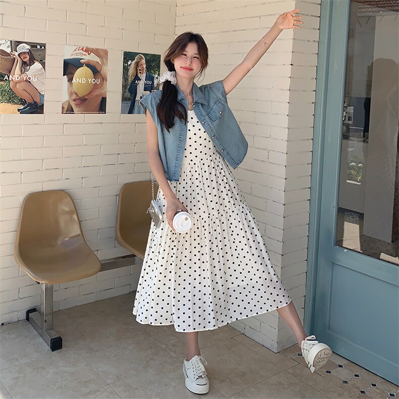 现货【2025夏新】波点吊带裙+牛仔外套套装2C037383P145K198,女装套装/套裙,2C037