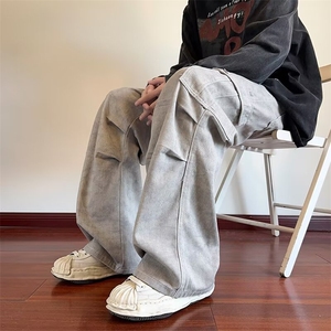 大理石纹褶皱伞兵工装裤男秋季潮牌复古设计感美式阔腿休闲长裤子图片