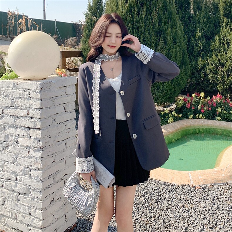 灰色蕾丝拼接西装外套女2025春季新款高级感超好看气质休闲小西服图片