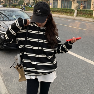 oversize条纹卫衣女春秋2025新款美式复古侧边拉链洋气上衣外套图片