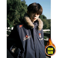 现货高品质美式高街重磅刺绣座山雕大毛毛领棉衣男女加厚棉服外套，男装棉衣，电商A486