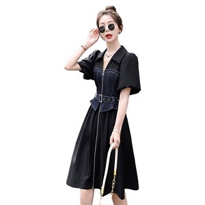 【现货】牛仔拼接连衣裙2023夏季时尚气质显瘦收腰连衣裙百搭裙图片