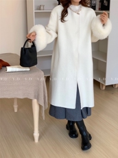25109-38韩版气质小香风真袖毛长款双面羊毛大衣显瘦百搭，女装双面呢大衣，依嘟服饰