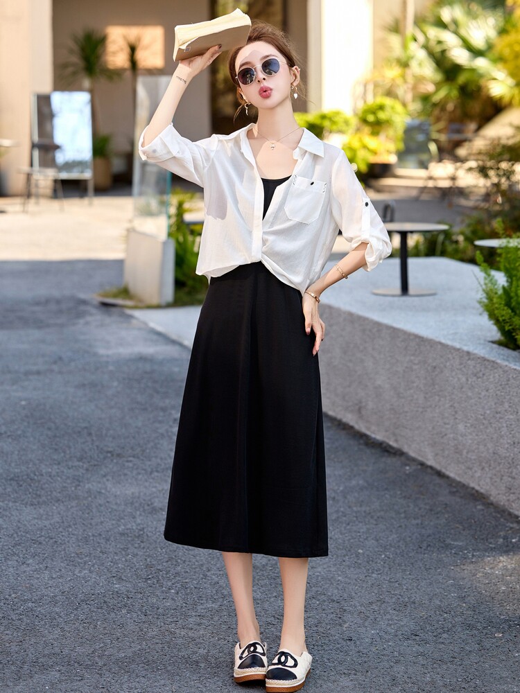 防晒衬衫吊带连衣裙两件套女2025春夏宽松显瘦休闲高级感套装裙,女装套装/套裙,秀美人生