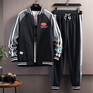 秋款大码休闲棒球领夹克拼接潮流印花束脚九分裤套装男TZD10P110图片