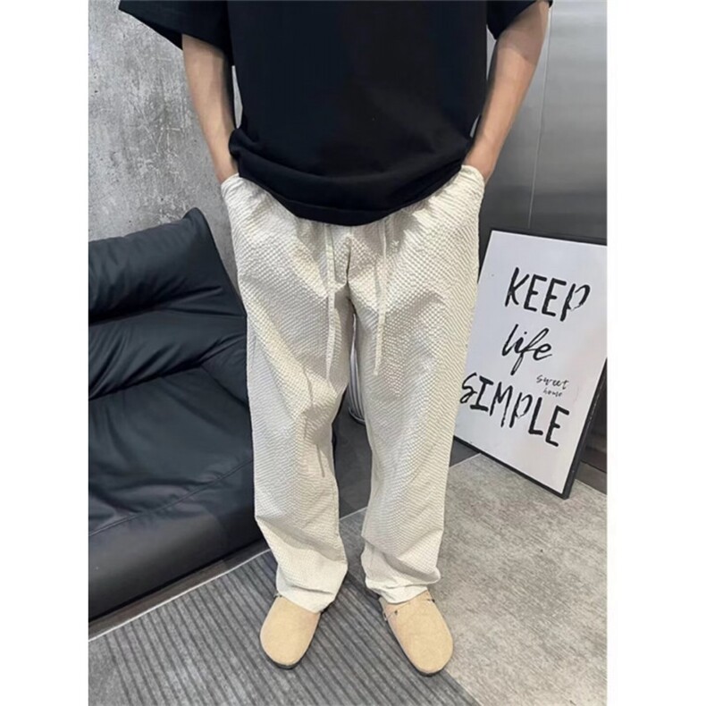 泡泡纱裤子男夏季薄款冰丝速干运动裤格纹轻薄透气美式休闲直筒裤图片