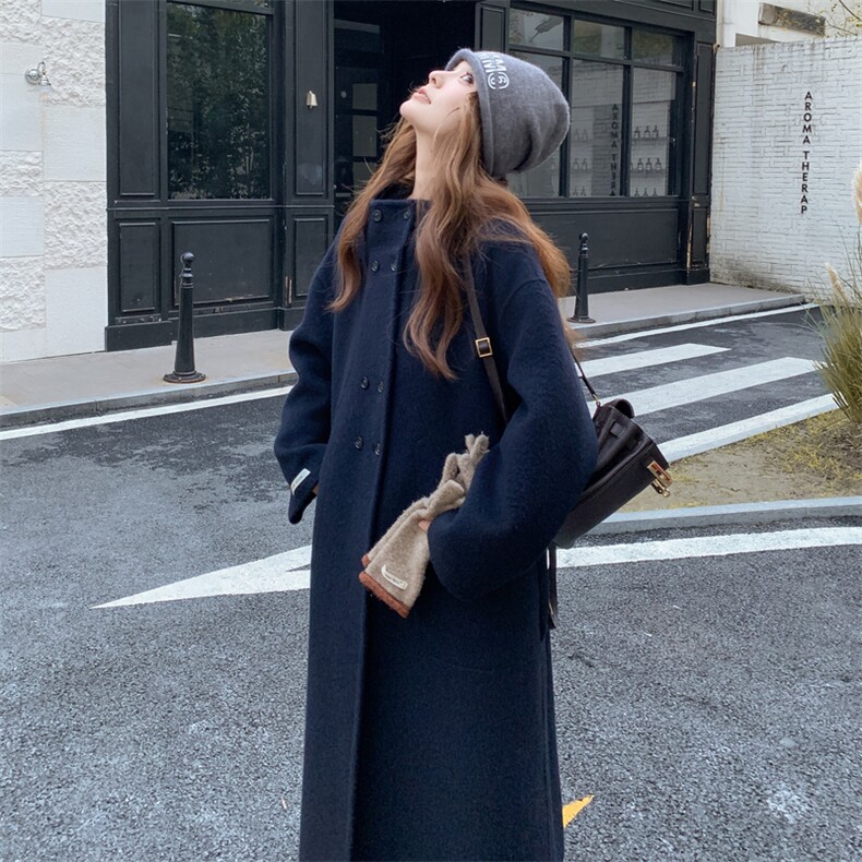 黑色双排扣设计呢大衣女2025年冬季新款韩版高级感连帽毛呢外套图片