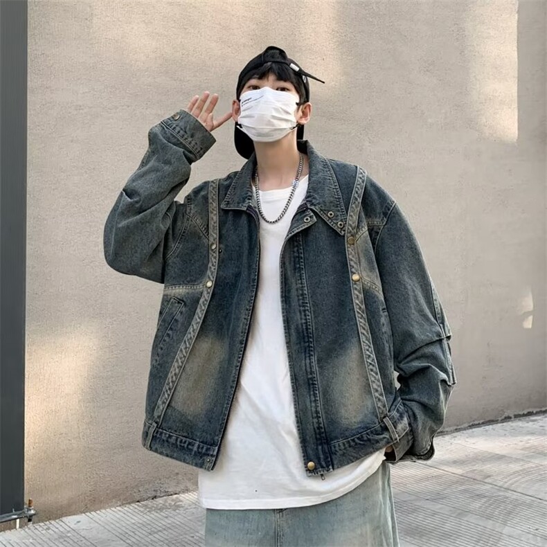 美式复古牛仔外套男春秋季设计感痞帅高街潮牌工装夹克CJ23-P75,男装夹克,星座1008