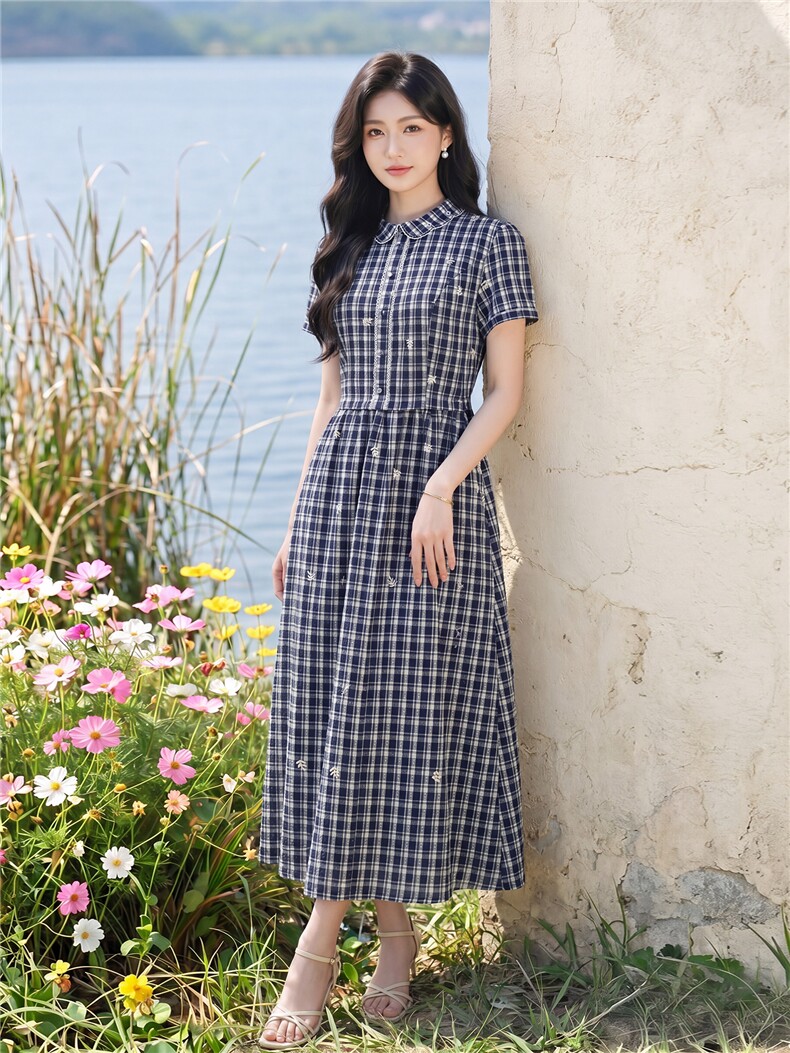 夏季格纹绣花收腰显瘦学院风优雅气质连衣裙,女装连衣裙,水衣源